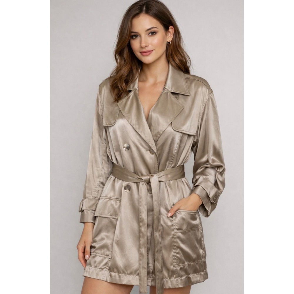 Chicos Womens Beige Silk Double Breasted Trench Coat Shirt Tunic Size 2 Large